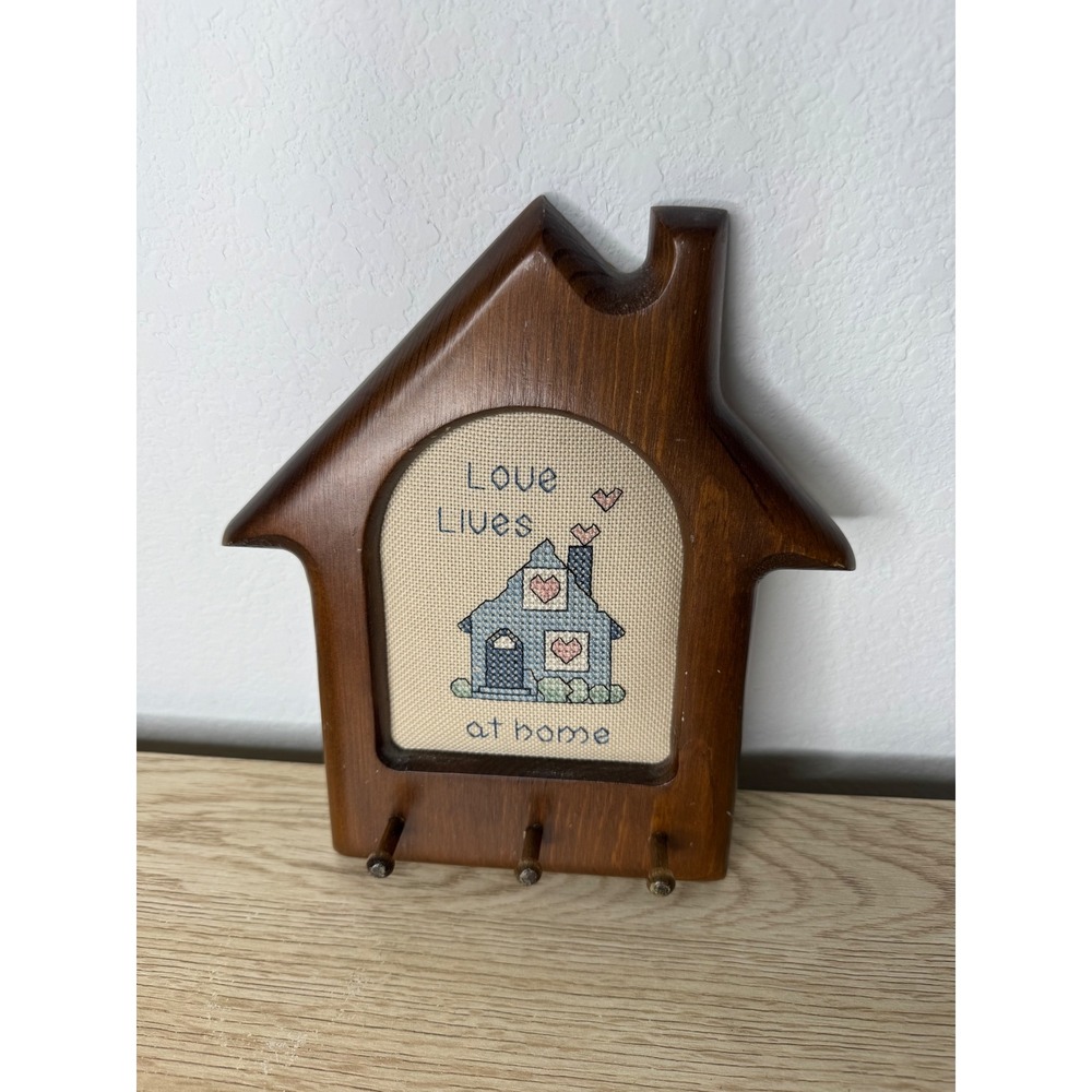 Vintage Wood House Key Rack Love Lives At Home Cross Stitch Hanging Cottagecore